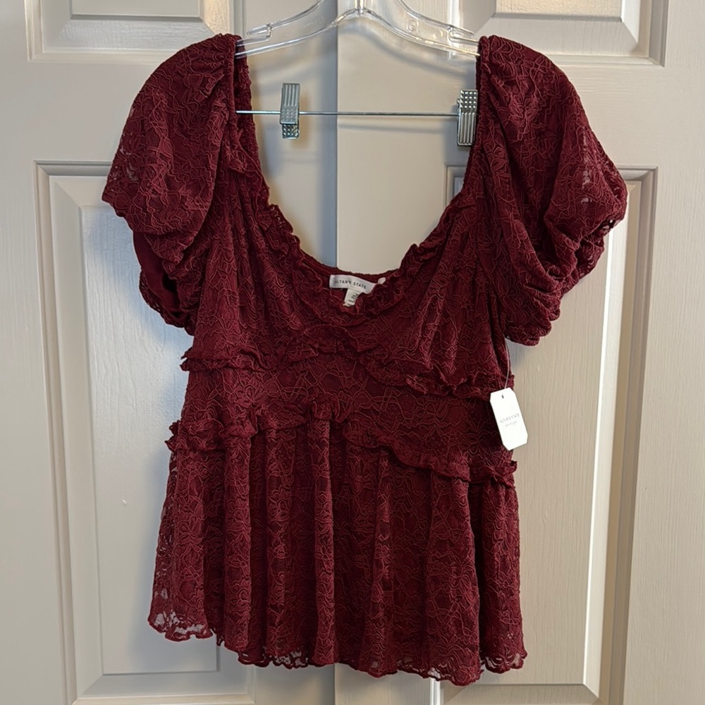 Altar'd State Red Flutter Sleeve Peplum Blouse